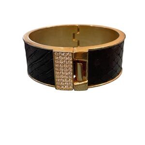 Ann Taylor Faux Black Leather With Rhinestone Gold Tone Bracelet
